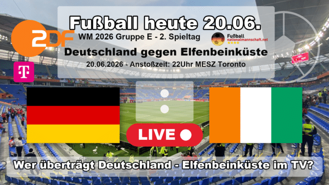 Wer überträgt Deutschland gegen Elfenbeinküste im TV? Grafik zum Spiel der WM 2026 Gruppe E am 20.06.2026 um 22:00 Uhr MESZ in Toronto mit den Flaggen von Deutschland und der Elfenbeinküste. Die Partie läuft live im ZDF und bei MagentaTV.