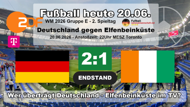 Wer überträgt Deutschland gegen Elfenbeinküste im TV? Grafik zum Spiel der WM 2026 Gruppe E am 20.06.2026 um 22:00 Uhr MESZ in Toronto mit den Flaggen von Deutschland und Elfenbeinküste. Endstand: Deutschland gegen Elfenbeinküste 2:1. Die Partie lief live im ZDF und bei MagentaTV.