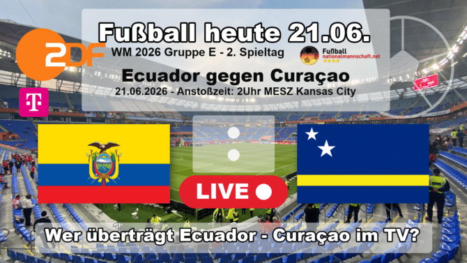 Wer überträgt Ecuador gegen Curaçao im TV? Grafik zum Spiel der WM 2026 Gruppe E am 21.06.2026 um 02:00 Uhr MESZ in Kansas City mit den Flaggen von Ecuador und Curaçao. Die Partie läuft live im ZDF und bei MagentaTV.