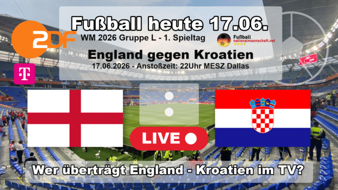 Wer überträgt England gegen Kroatien im TV? Grafik zum Spiel der WM 2026 Gruppe L am 17.06.2026 um 22:00 Uhr MESZ in Arlington mit den Flaggen von England und Kroatien. Die Partie läuft live im ZDF und bei MagentaTV.