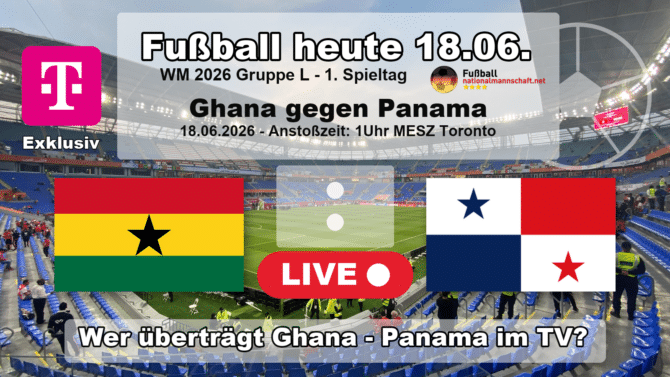 Wer überträgt Ghana gegen Panama im TV? Grafik zum Spiel der WM 2026 Gruppe L am 18.06.2026 um 01:00 Uhr MESZ in Toronto mit den Flaggen von Ghana und Panama. Die Partie läuft exklusiv bei MagentaTV.