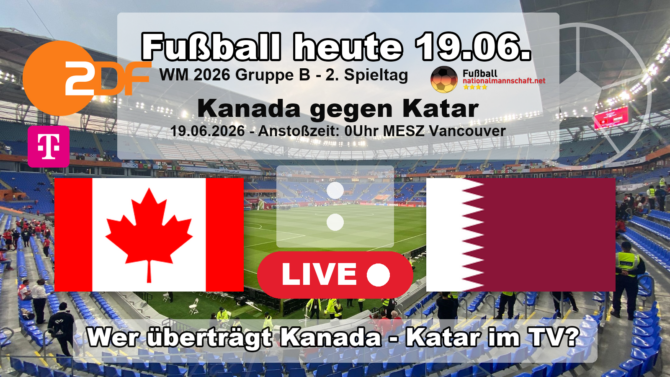 Wer überträgt Kanada gegen Katar im TV? Grafik zum Spiel der WM 2026 Gruppe B am 19.06.2026 um 00:00 Uhr MESZ in Vancouver mit den Flaggen von Kanada und Katar. Die Partie läuft live im ZDF und bei MagentaTV.