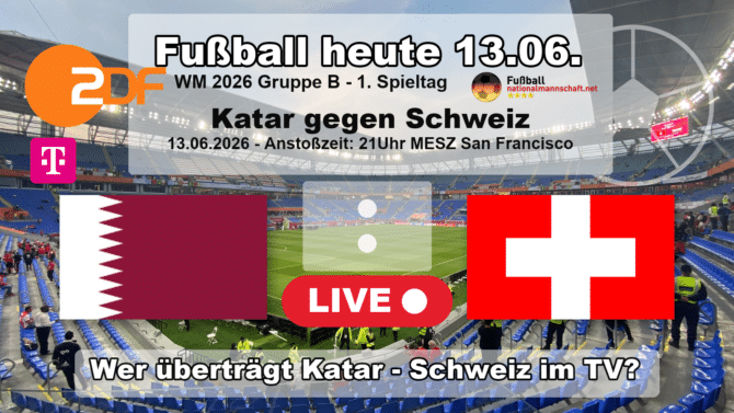 Wer überträgt Katar gegen Schweiz im TV? Grafik zum Spiel der WM 2026 Gruppe B am 13.06.2026 um 21:00 Uhr MESZ in Santa Clara mit den Flaggen von Katar und Schweiz. Die Partie läuft live im ZDF und bei MagentaTV.