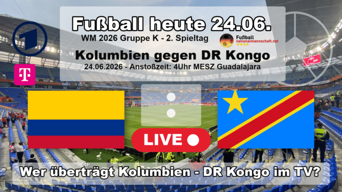 Wer überträgt Kolumbien gegen DR Kongo im TV? Grafik zum Spiel der WM 2026 Gruppe K am 24.06.2026 um 04:00 Uhr MESZ in Zapopan mit den Flaggen von Kolumbien und DR Kongo. Die Partie läuft live in der ARD und bei MagentaTV.