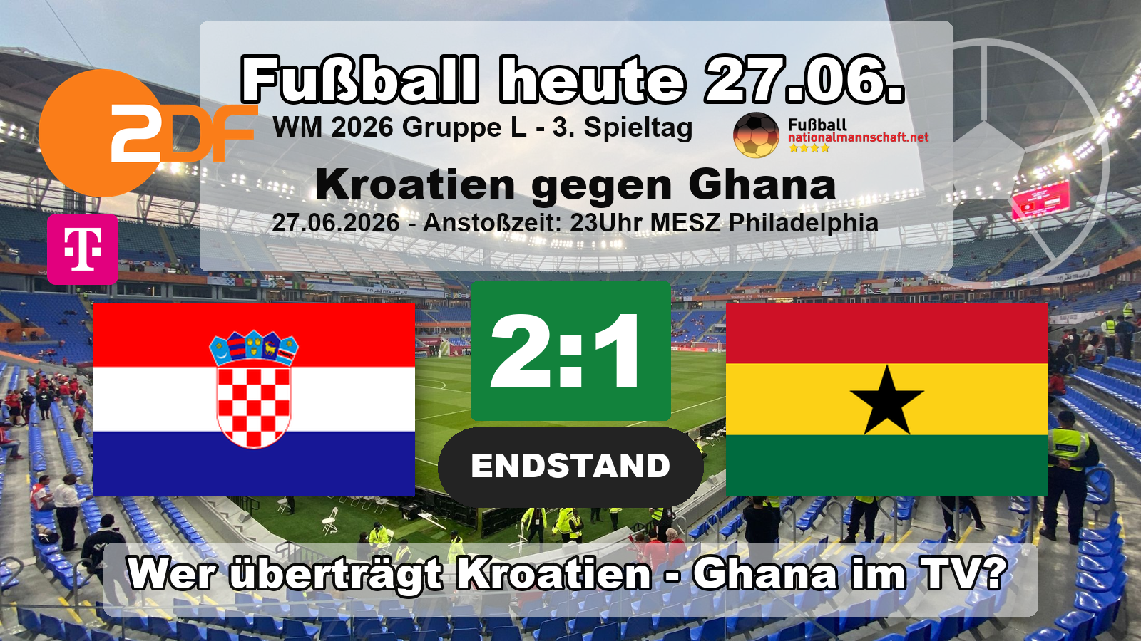 Wer überträgt Kroatien gegen Ghana im TV? Endstand 2:1 im letzten Gruppenspiel der Gruppe L bei der WM 2026 am 27. Juni 2026, exklusiv bei MagentaTV.