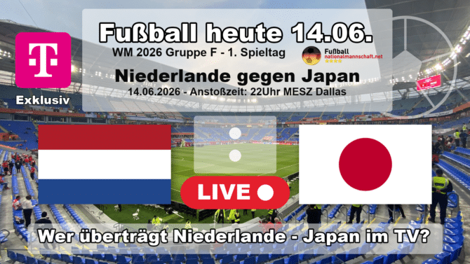 Wer überträgt Niederlande gegen Japan im TV? Grafik zum Spiel der WM 2026 Gruppe F am 14.06.2026 um 22:00 Uhr MESZ in Arlington mit den Flaggen von Niederlande und Japan. Die Partie läuft exklusiv bei MagentaTV.