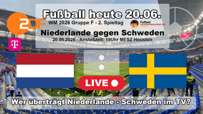 Wer überträgt Niederlande gegen Schweden im TV? Grafik zum Spiel der WM 2026 Gruppe F am 20.06.2026 um 19:00 Uhr MESZ in Houston mit den Flaggen von Niederlande und Schweden. Die Partie läuft live im ZDF und bei MagentaTV.