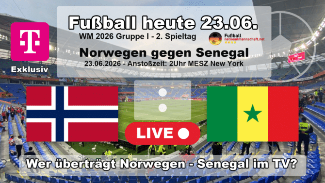 Wer überträgt Norwegen gegen Senegal im TV? Grafik zum Spiel der WM 2026 Gruppe I am 23.06.2026 um 02:00 Uhr MESZ in East Rutherford mit den Flaggen von Norwegen und Senegal. Die Partie läuft exklusiv bei MagentaTV.