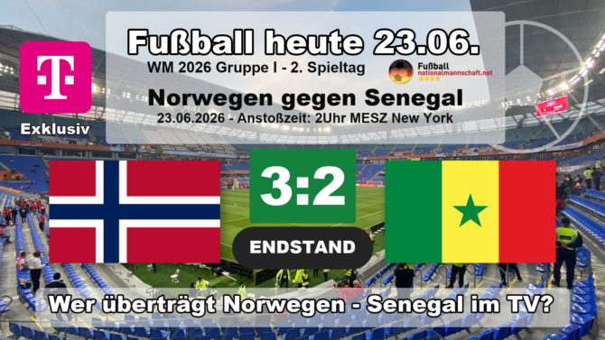 Norwegen gegen Senegal 3:2: Endstand-Grafik zum WM 2026 Spiel der Gruppe I am 23.06.2026 in East Rutherford. Die Partie lief exklusiv bei MagentaTV.