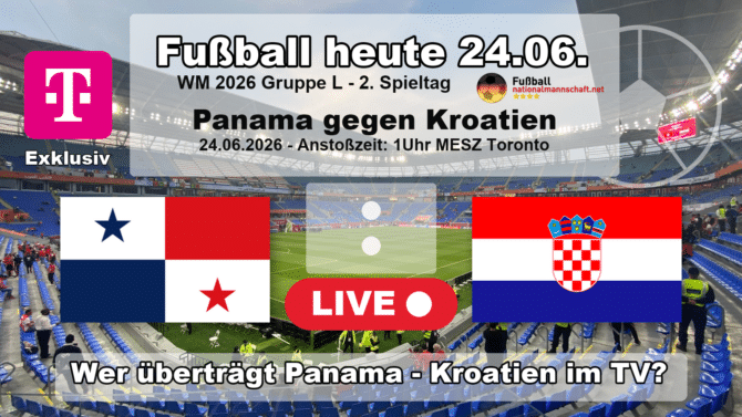 Wer überträgt Panama gegen Kroatien im TV? Grafik zum Spiel der WM 2026 Gruppe L am 24.06.2026 um 01:00 Uhr MESZ in Toronto mit den Flaggen von Panama und Kroatien. Die Partie läuft exklusiv bei MagentaTV.