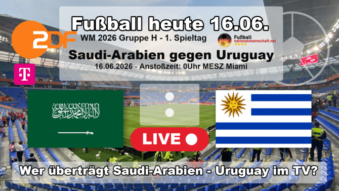 Wer überträgt Saudi-Arabien gegen Uruguay im TV? Grafik zum Spiel der WM 2026 Gruppe H am 16.06.2026 um 00:00 Uhr MESZ in Miami mit den Flaggen von Saudi-Arabien und Uruguay. Die Partie läuft live im ZDF und bei MagentaTV.