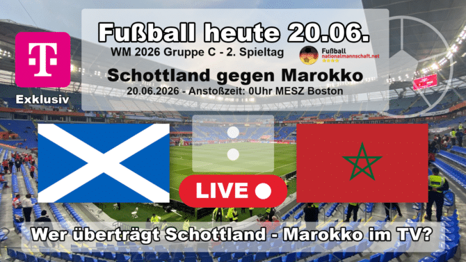 Wer überträgt Schottland gegen Marokko im TV? Grafik zum Spiel der WM 2026 Gruppe C am 20.06.2026 um 00:00 Uhr MESZ in Foxborough mit den Flaggen von Schottland und Marokko. Die Partie läuft exklusiv bei MagentaTV.