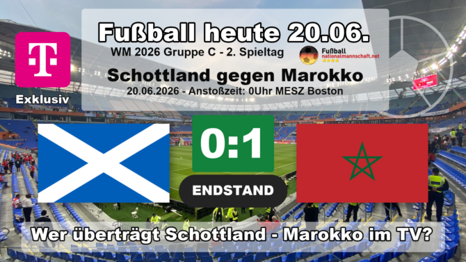 Schottland gegen Marokko 0:1: Endstand-Grafik zum WM 2026 Spiel der Gruppe C am Samstag, 20. Juni 2026 bei Boston, mit den Flaggen von Schottland und Marokko.