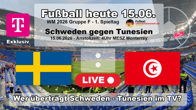 Wer überträgt Schweden gegen Tunesien im TV? Grafik zum Spiel der WM 2026 Gruppe F am 15.06.2026 um 04:00 Uhr MESZ in Guadalupe mit den Flaggen von Schweden und Tunesien. Die Partie läuft exklusiv bei MagentaTV.