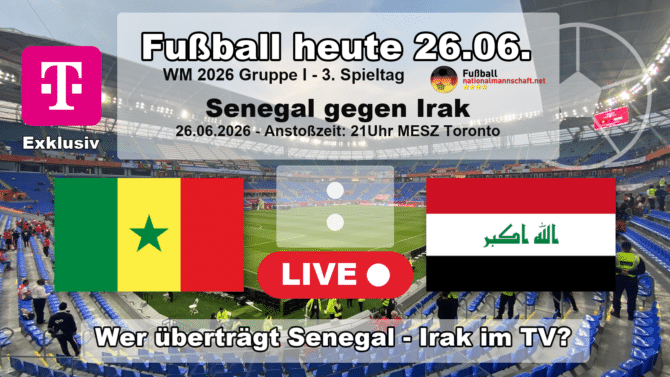 Wer überträgt Senegal gegen Irak im TV? Grafik zum Spiel der WM 2026 Gruppe I am 26.06.2026 um 21:00 Uhr MESZ in Toronto mit den Flaggen von Senegal und Irak. Die Partie läuft exklusiv bei MagentaTV.
