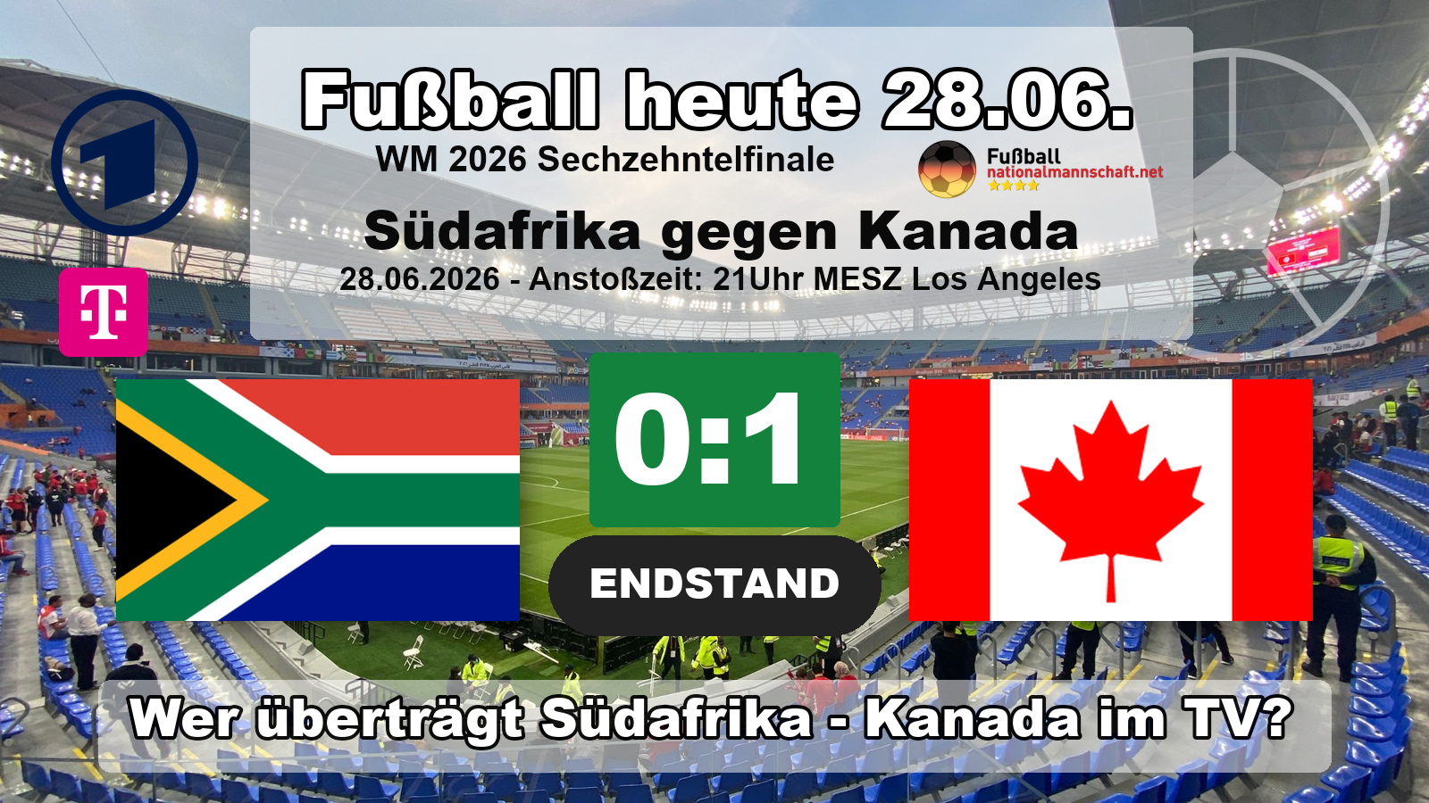 Wer überträgt Südafrika gegen Kanada im TV? Endstand 0:1 im WM-2026-Sechzehntelfinale am 28. Juni 2026 im SoFi Stadium in Los Angeles.