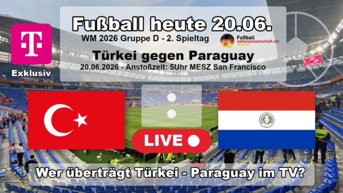 Wer überträgt Türkei gegen Paraguay im TV? Grafik zum Spiel der WM 2026 Gruppe D am 20.06.2026 um 05:00 Uhr MESZ in Santa Clara mit den Flaggen von Türkei und Paraguay. Die Partie läuft exklusiv bei MagentaTV.