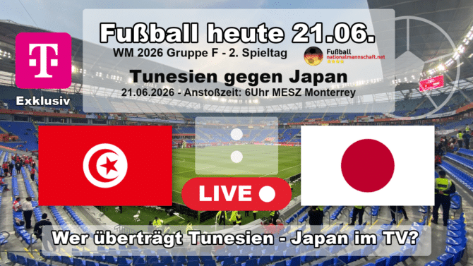 Wer überträgt Tunesien gegen Japan im TV? Grafik zum Spiel der WM 2026 Gruppe F am 21.06.2026 um 06:00 Uhr MESZ in Guadalupe mit den Flaggen von Tunesien und Japan. Die Partie läuft exklusiv bei MagentaTV.