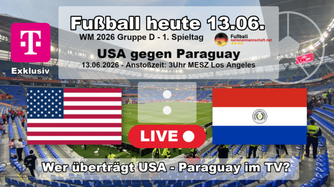 Wer überträgt USA gegen Paraguay im TV? Grafik zum Spiel der WM 2026 Gruppe D am 13.06.2026 um 03:00 Uhr MESZ in Inglewood mit den Flaggen von USA und Paraguay. Die Partie läuft exklusiv bei MagentaTV.