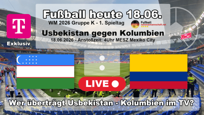 Wer überträgt Usbekistan gegen Kolumbien im TV? Grafik zum Spiel der WM 2026 Gruppe K am 18.06.2026 um 04:00 Uhr MESZ in Mexiko City mit den Flaggen von Usbekistan und Kolumbien. Die Partie läuft exklusiv bei MagentaTV.