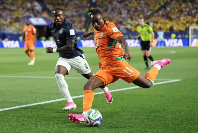 Philadelphia, Pennsylvania, USA, 14. Juni 2026: Yan Diomandé (11) von der Elfenbeinküste während des WM-Gruppenspiels der Gruppe E gegen Ecuador im Philadelphia Stadium. (Foto: Dan Mullan/Getty Images)