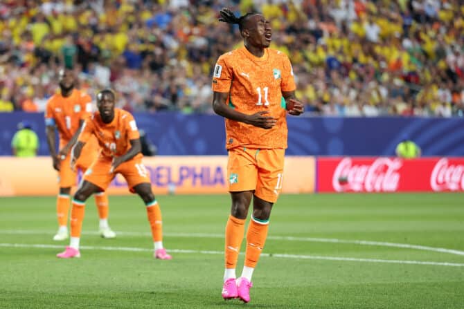 Philadelphia, Pennsylvania, USA, 14. Juni 2026: Yan Diomande (Nr. 11) von der Elfenbeinküste reagiert während des WM-Spiels der Gruppe E gegen Ecuador im Philadelphia Stadium. (Foto: Dan Mullan/Getty Images)