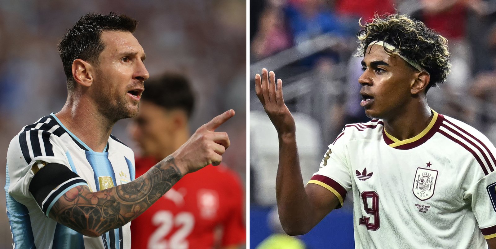 Bildkombination der beiden Gesichter des WM-Finales 2026: Argentiniens Kapitän Lionel Messi am 11. Juli 2026 in Kansas City (links) und Spaniens Offensivspieler Lamine Yamal am 14. Juli 2026 in Arlington. Am 19. Juli 2026 treffen Spanien und Argentinien im Endspiel der Weltmeisterschaft im Stadion von New York/New Jersey in East Rutherford aufeinander. (Photo by Odd ANDERSEN and Paul ELLIS / AFP)