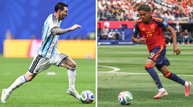 Bildkombination vor dem WM-Finale 2026: Argentiniens Kapitän Lionel Messi am 7. Juli 2026 in Atlanta (links) und Spaniens Flügelstürmer Lamine Yamal am 2. Juli 2026 in Inglewood. Die beiden Teams bestreiten am 19. Juli 2026 das Endspiel der Weltmeisterschaft im Stadion von New York/New Jersey in East Rutherford. (Photo by Roberto SCHMIDT and Etienne LAURENT / AFP)