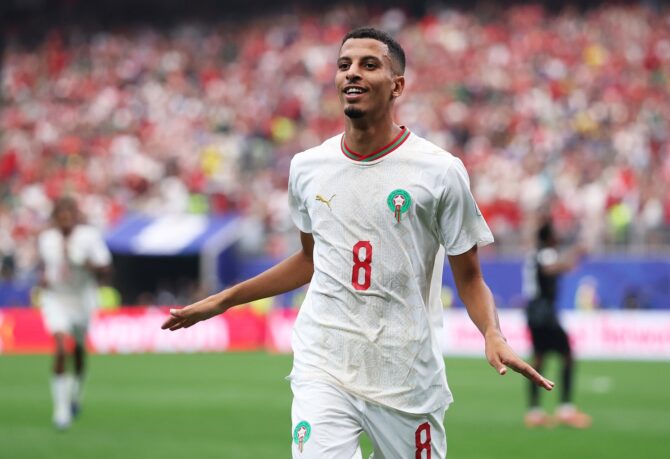Marokkos Mittelfeldspieler Azzedine Ounahi bejubelt seinen Treffer zum 2:0 im Achtelfinale der WM 2026 gegen Kanada. Die Partie fand am 4. Juli 2026 im Houston Stadium in Houston, Texas statt. Kevin C. Cox / Getty Images North America via Getty Images