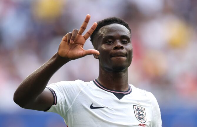 Bukayo Saka bejubelt am 18. Juli 2026 im Stadion von Miami Gardens seinen dritten Treffer beim 5:3 im Spiel um Platz 3 der WM 2026 gegen Frankreich. (Luke Hales / Getty Images North America via Getty Images)