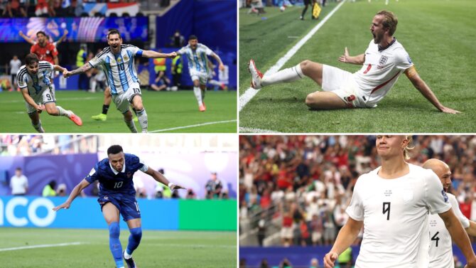 Fotocollage der WM-2026-Topstürmer Lionel Messi, Harry Kane, Kylian Mbappé und Erling Haaland beim Torjubel.