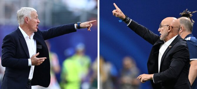 Bildkombination vor dem WM-2026-Halbfinale: Frankreichs Trainer Didier Deschamps (links) und Spaniens Trainer Luis de la Fuente treffen am 14. Juli 2026 im Dallas Stadium in Arlington aufeinander. (Foto: Charly Triballeau und Roberto Schmidt / AFP)