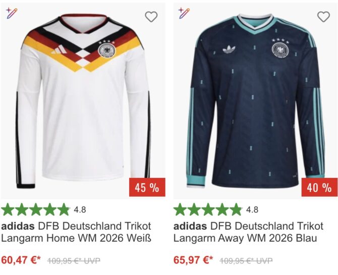 Die Langarmversionen der DFB Trikots 2026 sind am stärksten reduziert: das weiße Heimtrikot um 45 Prozent auf 60,47 Euro, das blaue Awaytrikot um 40 Prozent auf 65,97 Euro.