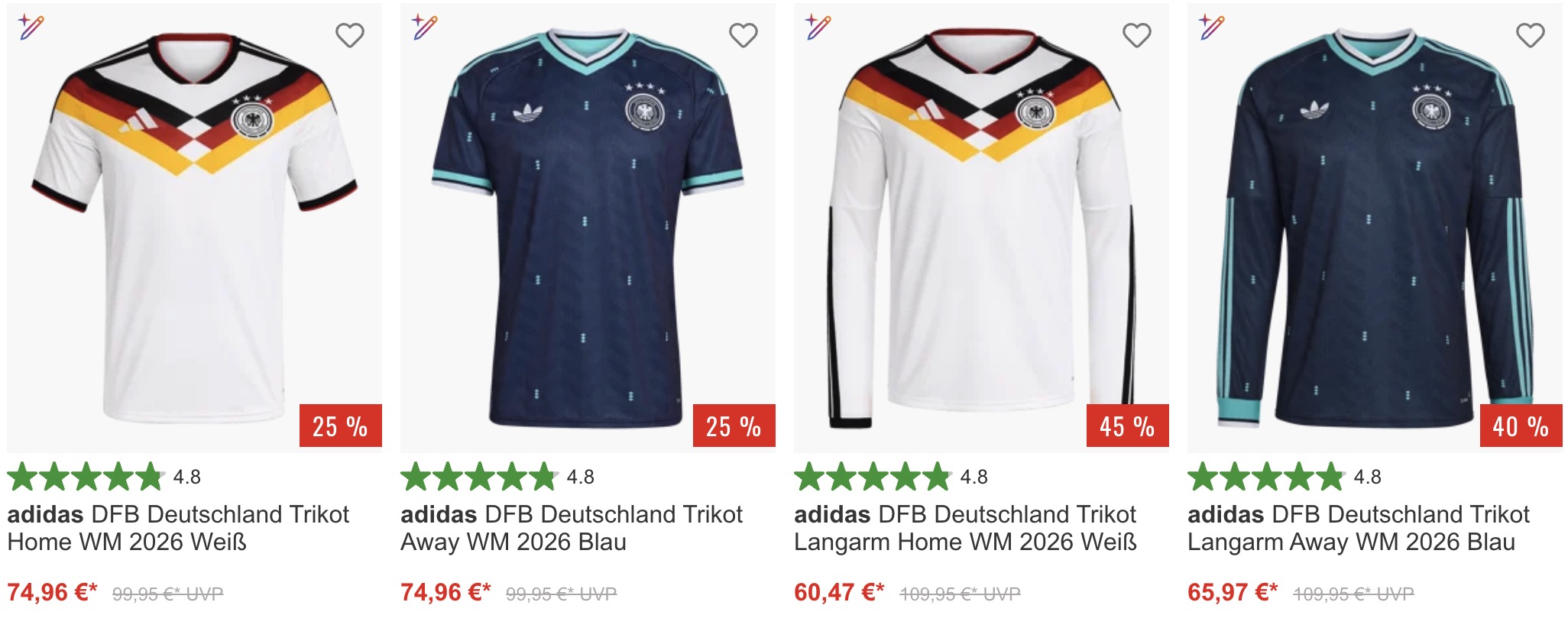 Alle vier reduzierten DFB Trikots 2026 bei 11teamsports: Heim- und Auswärtstrikot als Kurzarm- und Langarmversion mit bis zu 45 Prozent Rabatt.