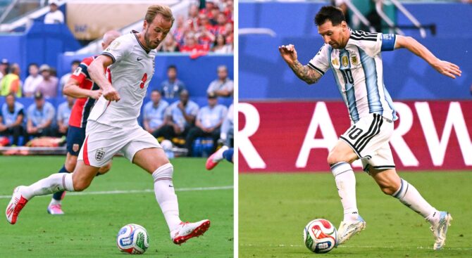 Englands Harry Kane und Argentiniens Lionel Messi vor dem WM-2026-Halbfinale. (Foto: Roberto Schmidt und Chandan Khanna / AFP)