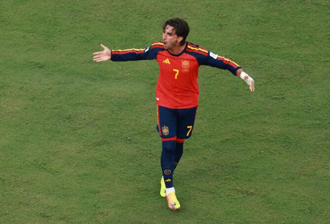 Jubel bei Ferran Torres nach dem ersten Tor für Spanien im WM-Finale 2026 gegen Argentinien am 19. Juli 2026 in East Rutherford. (Elsa / Getty Images North America via Getty Images)