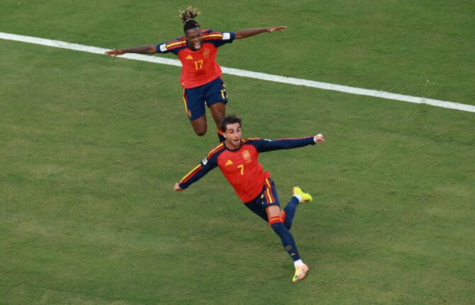 Ferran Torres bejubelt seinen Treffer zur spanischen Führung im WM-Finale 2026 gegen Argentinien am 19. Juli 2026 im MetLife Stadium. (Elsa / Getty Images North America via Getty Images)