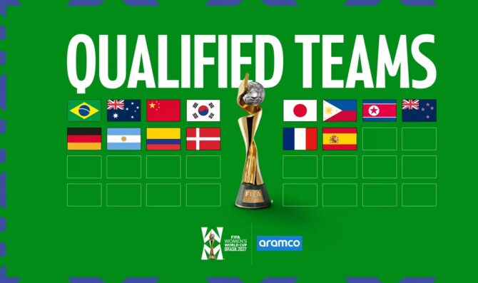 Offizielle FIFA-Grafik mit den Flaggen der 14 qualifizierten Teams für die Frauen Fußball WM 2027 in Brasilien