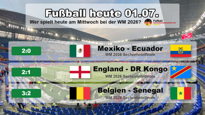Fußball heute am Mittwoch, 1. Juli 2026: Mexiko gegen Ecuador 2:0, England gegen DR Kongo 2:1, Belgien gegen Senegal 3:2.