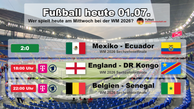 Fußball heute am Mittwoch, 1. Juli 2026: Mexiko gegen Ecuador 2:0, England gegen DR Kongo 18:00 Uhr, Belgien gegen Senegal 22:00 Uhr.