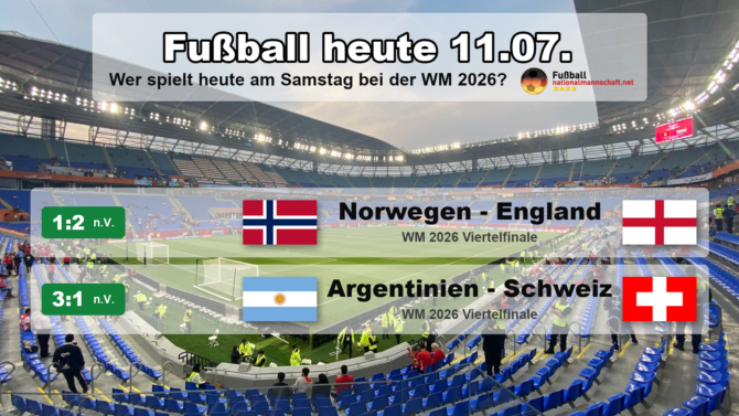 Fußball heute am 11. Juli 2026: England gewinnt das WM-2026-Viertelfinale mit 2:1 nach Verlängerung gegen Norwegen, Argentinien schlägt die Schweiz mit 3:1 nach Verlängerung.