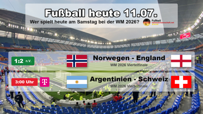 Fußball heute am 11. Juli 2026: England gewinnt das WM-2026-Viertelfinale mit 2:1 nach Verlängerung gegen Norwegen, in der Nacht folgt Argentinien gegen die Schweiz.