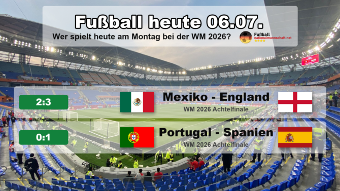 Fußball heute am Montag, 6. Juli 2026 bei der WM 2026: Mexiko gegen England 2:3 und Portugal gegen Spanien 0:1.