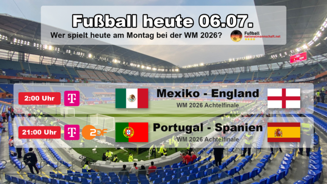 Fußball heute am Montag, 6. Juli 2026 bei der WM 2026: die Achtelfinale Mexiko gegen England (02:00 Uhr) und Portugal gegen Spanien (21:00 Uhr).