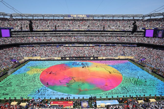 Blick auf die Bühne der Halbzeitshow im WM-Finale 2026 zwischen Spanien und Argentinien am 19. Juli 2026 im MetLife Stadium in East Rutherford. (Elsa / Getty Images North America via Getty Images)