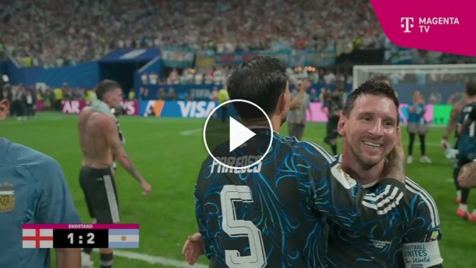 Endstand 1:2: Lionel Messi feiert Argentiniens Finaleinzug, Mats Hummels analysiert das WM-Halbfinale gegen England bei MagentaTV. (Screenshot: MagentaTV)