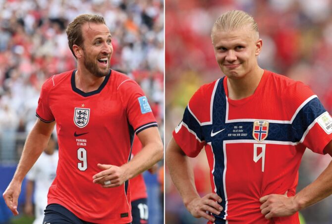 Zwei Mittelstürmer mit der Nummer 9 im direkten Vergleich: Englands Kapitän Harry Kane und Norwegens Torjäger Erling Haaland treffen im Viertelfinale der WM 2026 am 11. Juli in Miami aufeinander. (Foto: Angela Weiss und Odd Andersen / AFP)