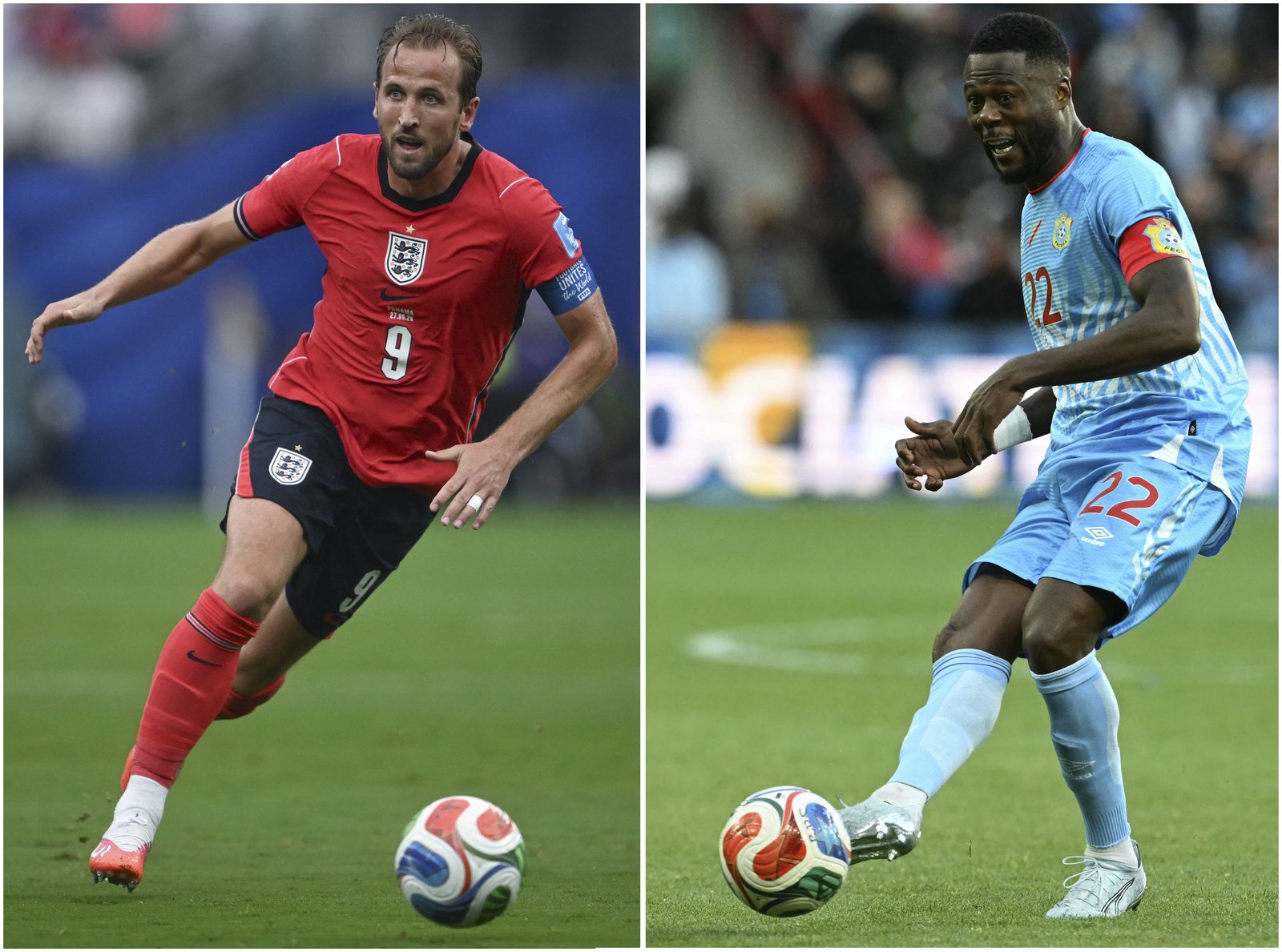 Bildkombination von Englands Kapitän Harry Kane und DR-Kongos Abwehrchef Chancel Mbemba vor dem WM-2026-Sechzehntelfinale im Atlanta Stadium.