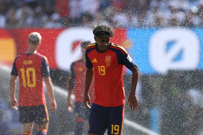 Spaniens Offensivspieler Lamine Yamal zeigt im WM-Finale 2026 gegen Argentinien am 19. Juli 2026 im MetLife Stadium seine Emotionen. (Buda Mendes / Getty Images North America via Getty Images)