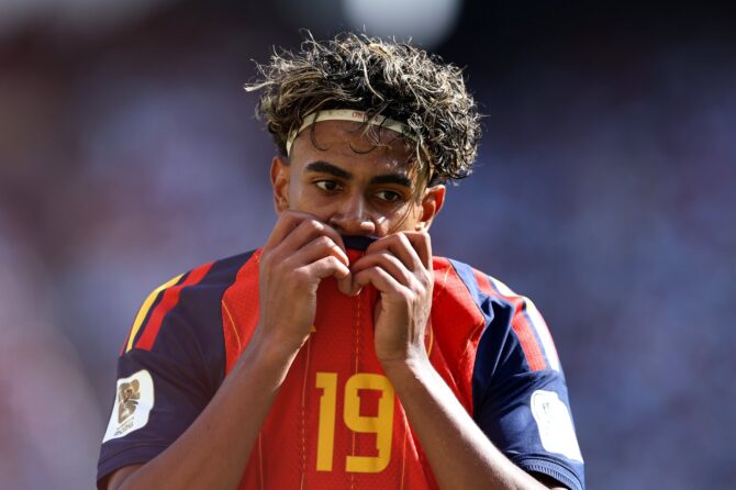 Lamine Yamal reagiert im WM-Finale 2026 zwischen Spanien und Argentinien am 19. Juli 2026 im MetLife Stadium. (Buda Mendes / Getty Images North America via Getty Images)